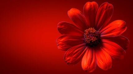   Red flower against a solid red backdrop, with its dark black center distinctly in focus - obrazy, fototapety, plakaty