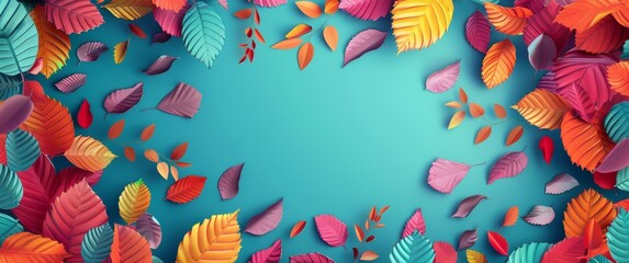   A blue background surrounded by a circle of colorful leaves is the correct phrasing - obrazy, fototapety, plakaty