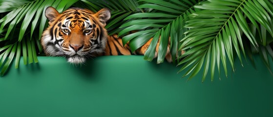   A tight shot of a tiger concealed by leafy greens, with the tiger barely visible, peering over the frame's edge - obrazy, fototapety, plakaty