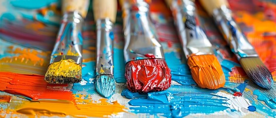   A collection of paintbrushes atop a table laden with various acrylic paint hues