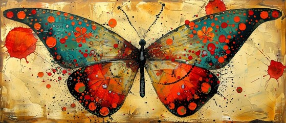   A painting of a butterfly featuring red and orange spotted wings