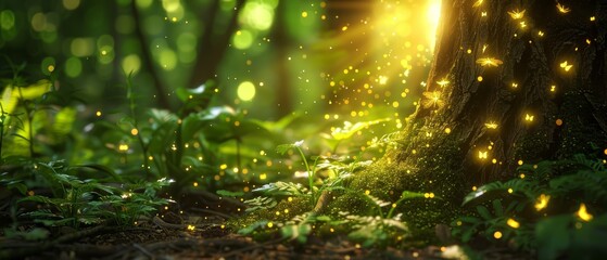   A forest teeming with numerous green plants borders another forest inhabited by multitudes of yellow fireflies, hovering in flight - obrazy, fototapety, plakaty