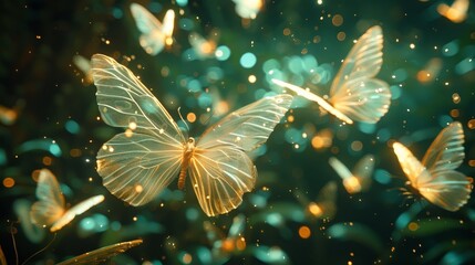 Translucent butterflies fluttering, each bearing a unique symbol
