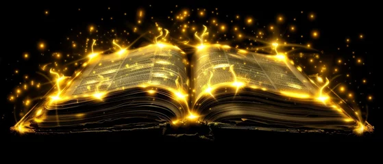 Foto op Plexiglas   A black background features an open book emitting radiant yellow light from within, contrasted by glowing white orbs escaping its pages © Jevjenijs
