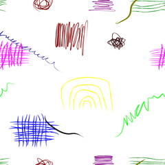 Colorful children scribble drawing seamless pattern.  childish scribble drawing and hand drawn marker shapes background.