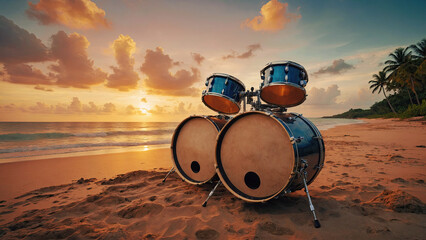 Drum kit stands on the sandy shore against a captivating sunset backdrop, merging music with nature. AI-generated - 773166349