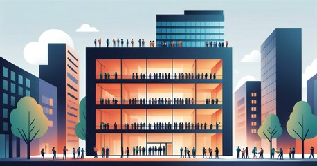 a cartoon of a building with people standing in front of it.