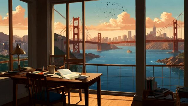A book on a study table facing the window with a view of the river and Golden Gate Bridge in the morning. Seamless looping 4k time-lapse animation video background