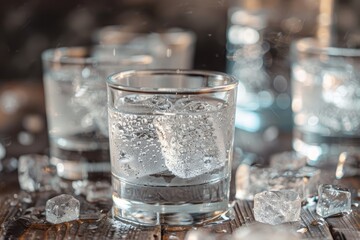   A tight shot of a glass filled with ice and water on a table Surrounding background features additional glasses