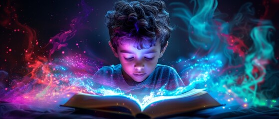   A young boy engrossed in a book, its cover featuring a vibrant fire and ice pattern - obrazy, fototapety, plakaty