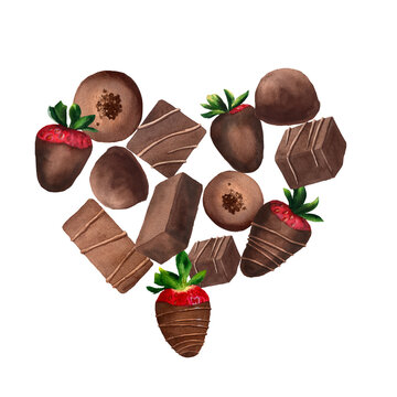 recommend clip art: Heart made of chocolate candies and chocolate-covered strawberries drawn in watercolor for postcards, flyers, labels isolated on white background