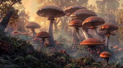   A sunlit forest scene features a cluster of mushrooms growing amongst grass and trees - obrazy, fototapety, plakaty