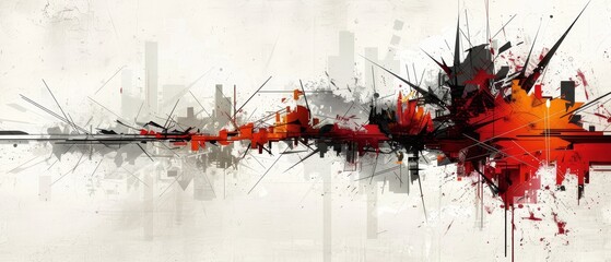   A cityscape painting with red and black paint splatters at its top and bottom
