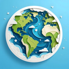 Earth paper cut design, isolated on a blue background, flat vector illustration, Earth Day