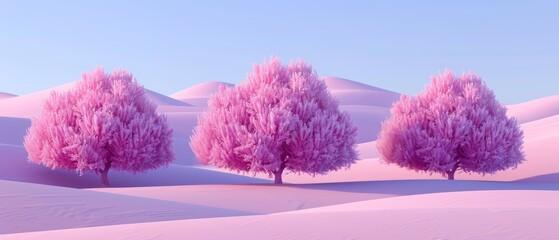   Three trees in the desert's heart, surrounded by sand Blue sky rises behind, pink hue emerges near
