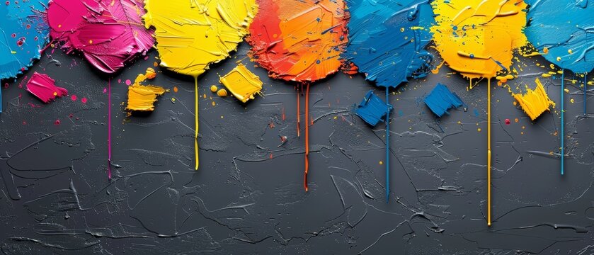  Multicolored paint sticks project from a black wall, adorned with splatters of dried paint
