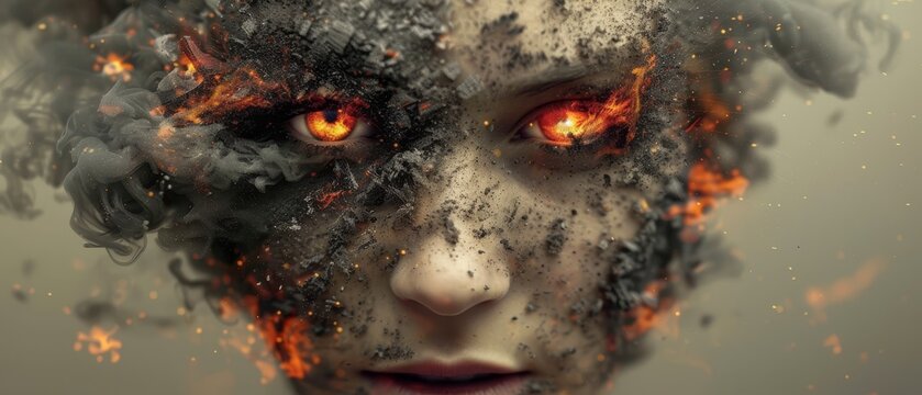   A near view of a woman's expressive eyes engulfed in heavy smoke and flame