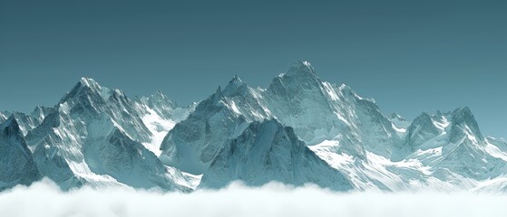  A towering mountain, fully encased in snow, floats amidst a sky filled with clouds, while a clear blue backdrop peeks through