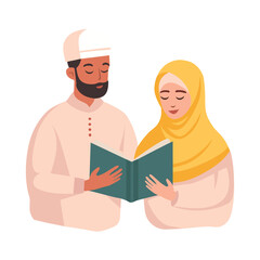Muslim women and Muslim men pray. They read the Koran. Ramadan