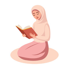 muslim girl reading al quran the holy book of islam. Isolated on white background. Vector illustration.