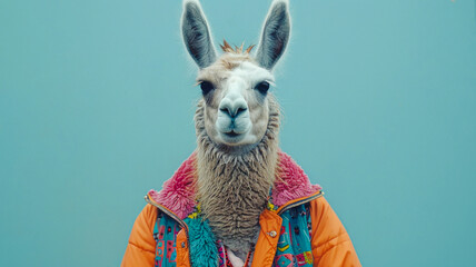 Fototapeta premium A stylized llama in a colorful jacket on a blue background combines whimsy with fashion, radiating confidence in a playful yet professional portrayal.