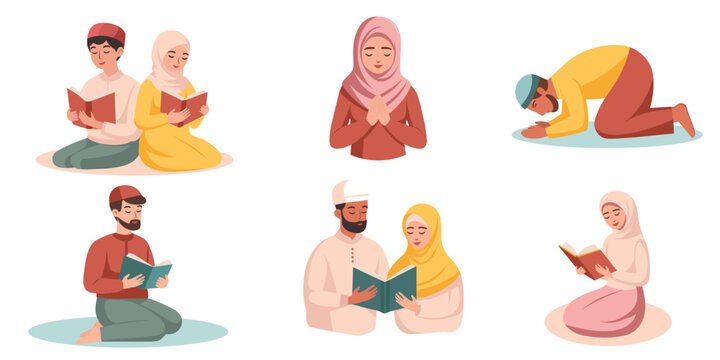 Muslim women and Muslim men pray. They read the Koran. Ramadan