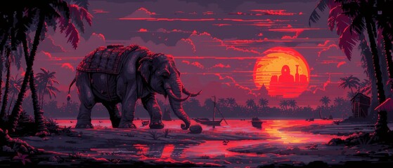   A painting of an elephant in a tropical scene, with the sun sinking behind, and palm trees in the foreground - obrazy, fototapety, plakaty