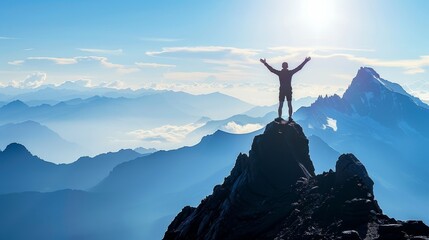 Success: A person standing on top of a mountain - obrazy, fototapety, plakaty