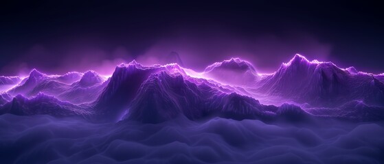   A mountain range depicted in an image, illuminated by a purple-hued light situated at its heart