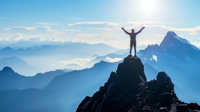 Success: A person standing on top of a mountain
