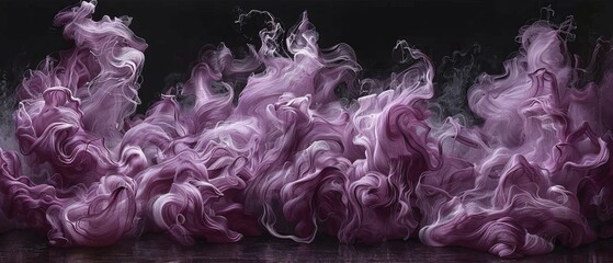   A collection of purple smoke bubbles hovering above a body of water against a black backdrop