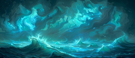 Fototapeta na wymiar A painting of an ocean wave with swirling blues and greens atop and base