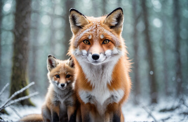 A female Fox with her young cub in snow covered forest - 773168181