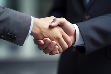 Close-up of a firm handshake between two professionals in a corporate setting, symbolizing a business agreement. Generative AI