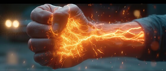   A tight shot of a hand with a lightning bolt superimposed in its center - obrazy, fototapety, plakaty
