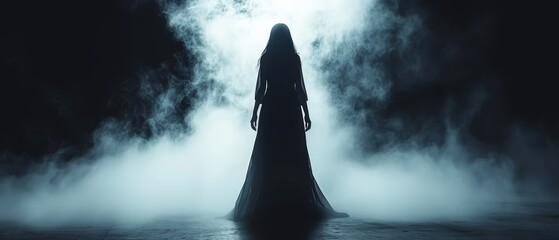   A woman in a lengthy black dress stands face-away from the camera in a misty location, her long hair billowing in the wind - obrazy, fototapety, plakaty