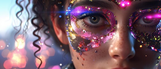   A tight shot of a woman's expressive face, adorned with glittering eye makeup and defined eyeliners
