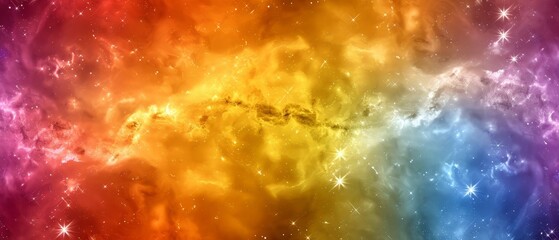   A multicolored background with scattered stars and a starburst at its center, encircled by radiant bands of the rainbow