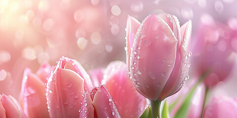 Beautiful pink tulips with water droplets in a serene garden setting, perfect for spring concepts
