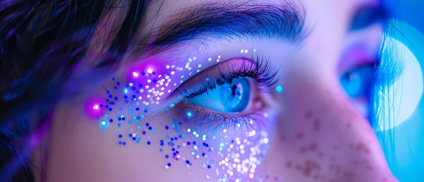   A tight shot of a woman's blue eye, adorned with glitter on her eyelashes and beneath it, forms a crescent shape resembling a half moon