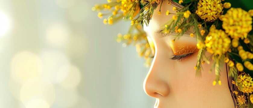   A women with closed eyes is depicted in a tight shot, adorned with a bouquet of yellow flowers resting atop her head