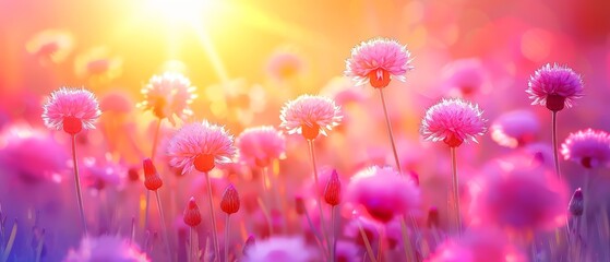   A field filled with pink blooms beneath a sun-kissed sky, where sunlight filters through the clouds Grass dots the foreground