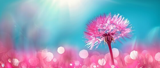   A pink dandelion blooms in the field's heart, contrasted by a vibrant blue sky backdrop Foreground presents pink and white blossoms