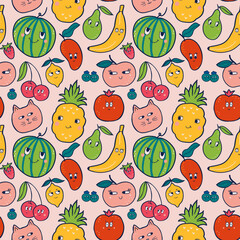 Fruity world of friends in this seamless pattern. Adorable characters like blueberries, pears, and bananas come together in vibrant colors, perfect for kids designs and textile decorations.
