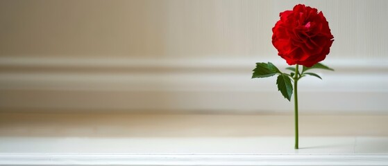   A solitary red rose atop a white table, adjacent to a blank white wall