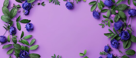   A purple background adorned with blue flowers and green leaves; insert text or image here