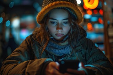Obraz premium Woman interacting with AI bot chat GPT through smartphone