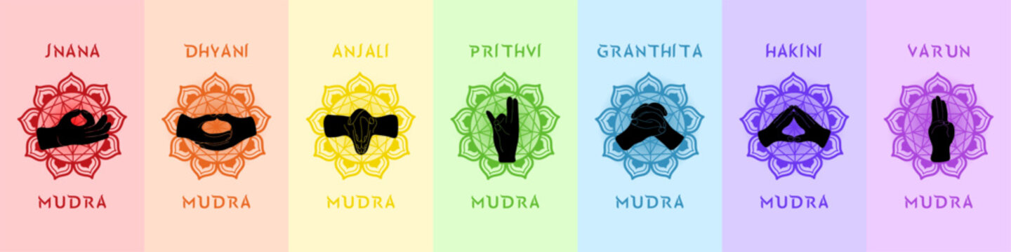 Vibrant set of icons for mudras and their gestures. Isolated collection of sleek pictograms where mudra gesture shown on mandala and set on rainbow background. Easy catch for esoteric decoration.