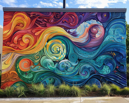 An outdoor mural showcasing the art of erosion, where wind and water patterns are immortalized in stunning, vivid colors
