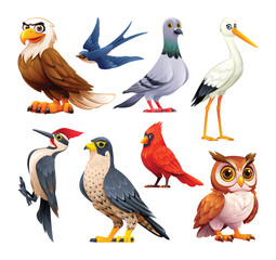 Set of birds vector cartoon illustration. Eagle, swallow, pigeon, stork, woodpecker, falcon, cardinal, and owl